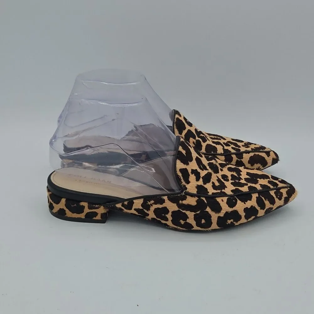 Cole Haan Piper Ocelot Leopard Calf Hair Loafer Mules Pointed Toe Slides Sz 6